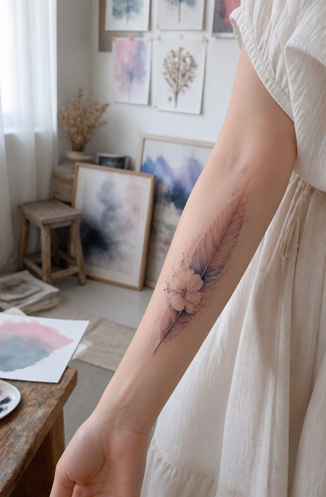 Inner forearm tattoo with soft, feather-like textures.