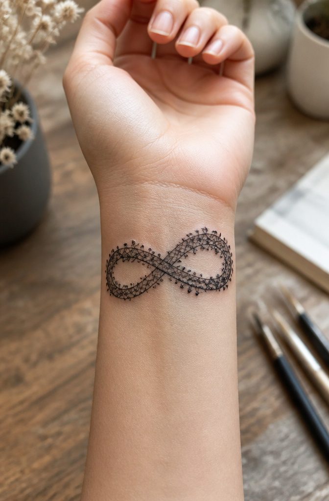 Tattoo of an infinity symbol with textured lace.