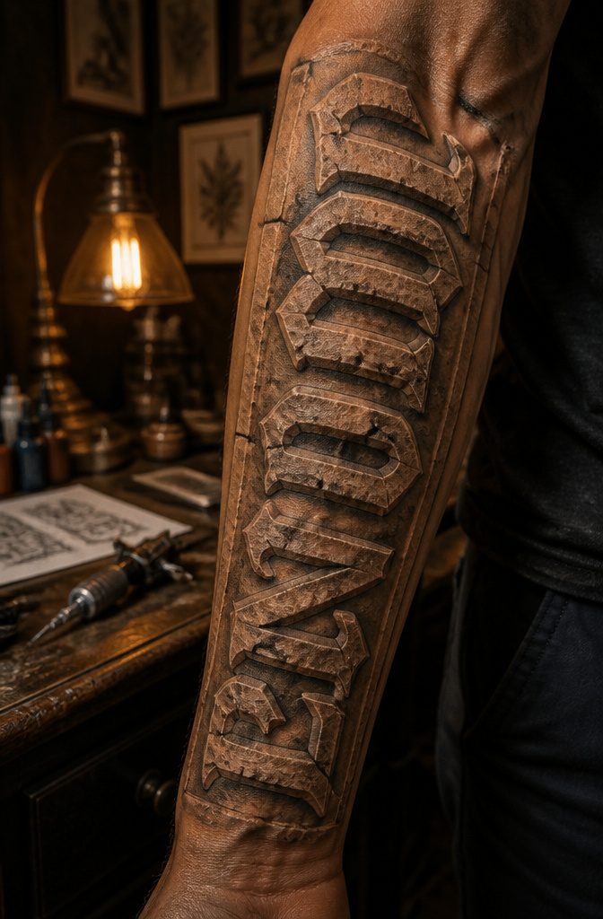 Tattoo of textured lettering resembling carved stone.