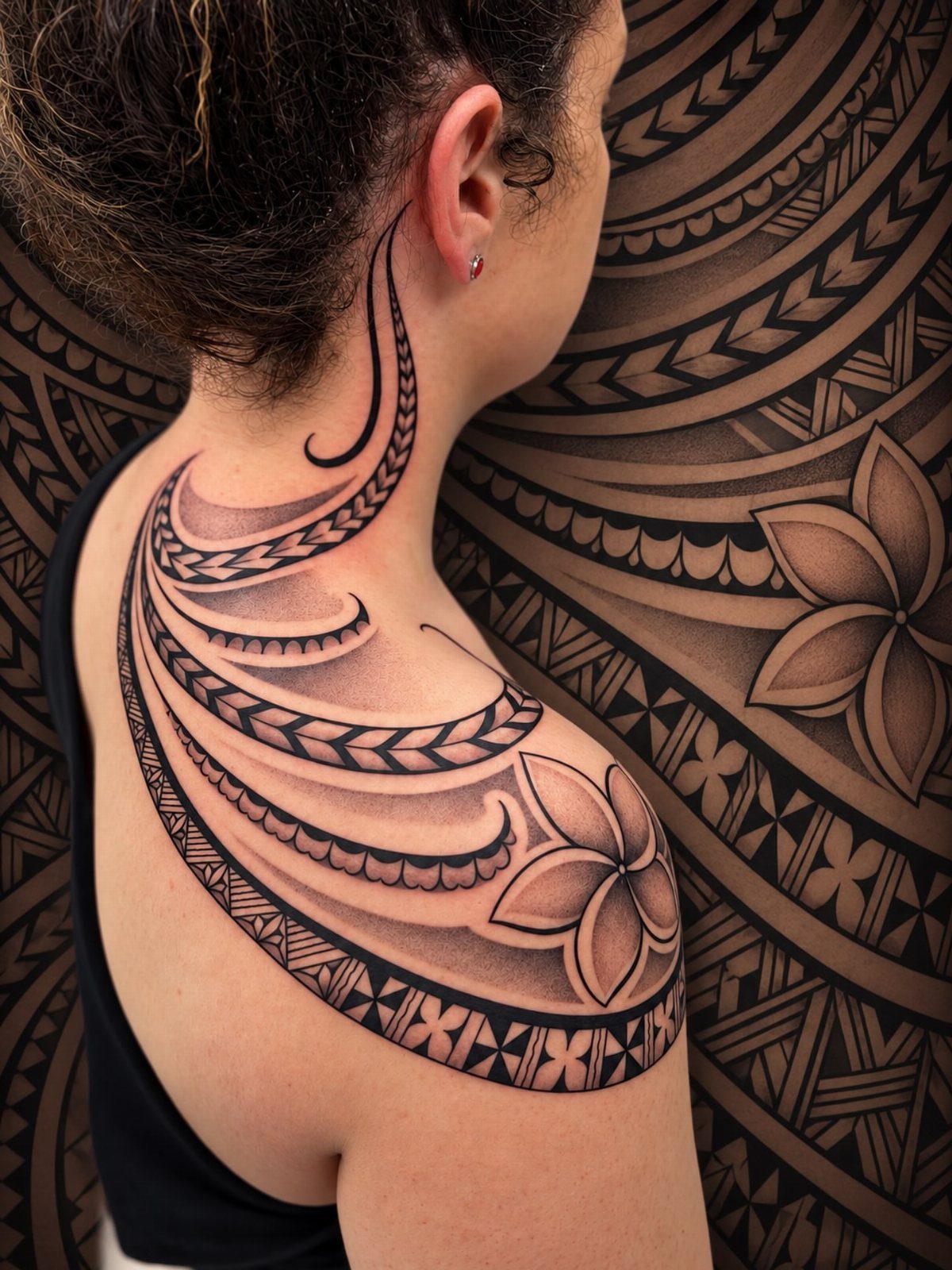 A woman with a large black ink tribal tattoo covering her shoulder and neck area.