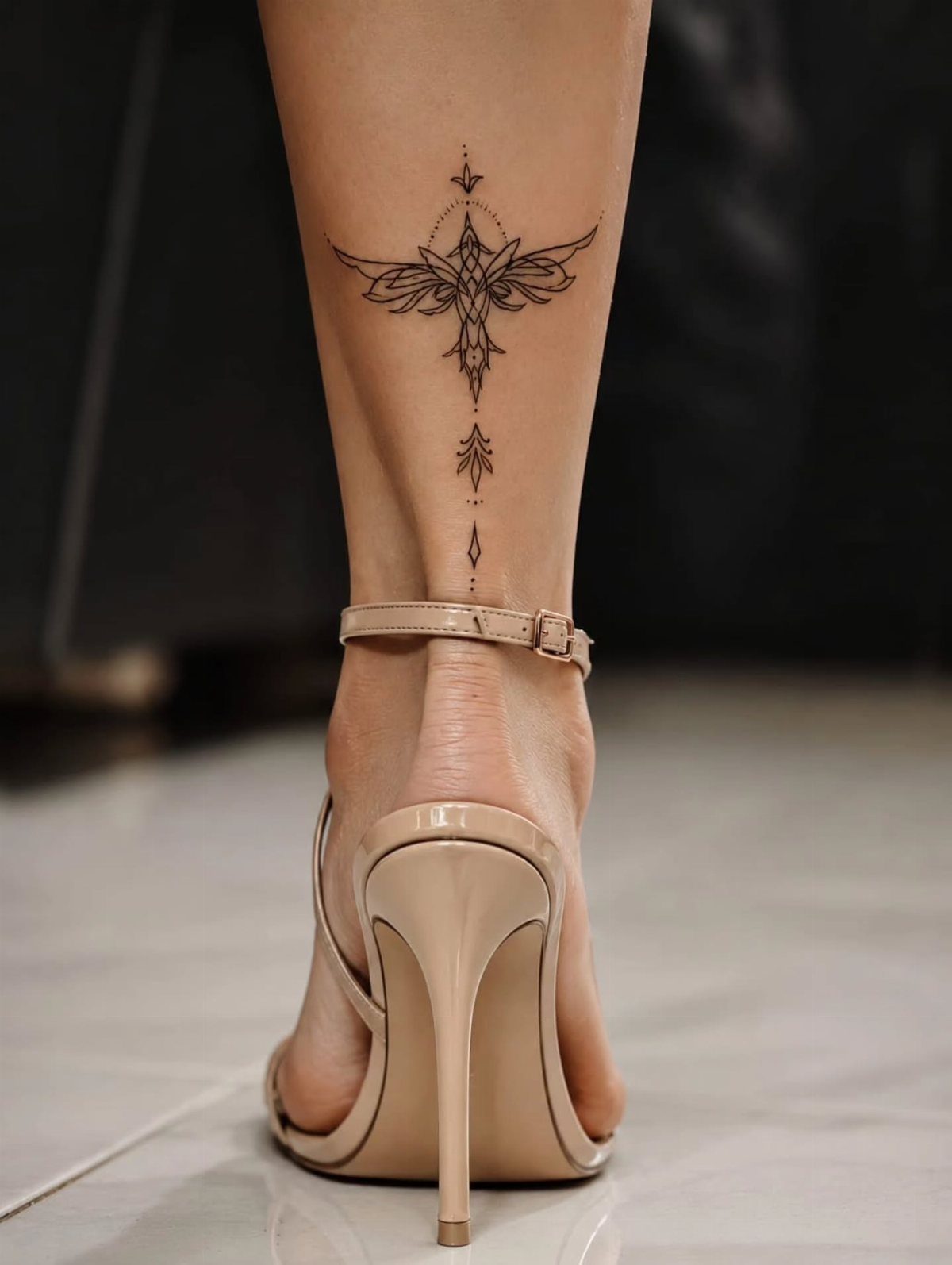 An ornamental black ink tattoo on a person's lower leg above the ankle.