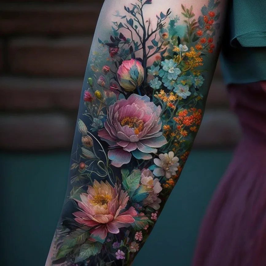 A colorful floral tattoo on an arm featuring large pink peonies and various small blue flowers.