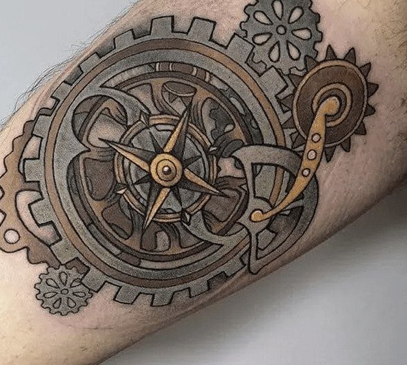 A detailed mechanical gear and clockwork mechanism tattoo on a person's leg.