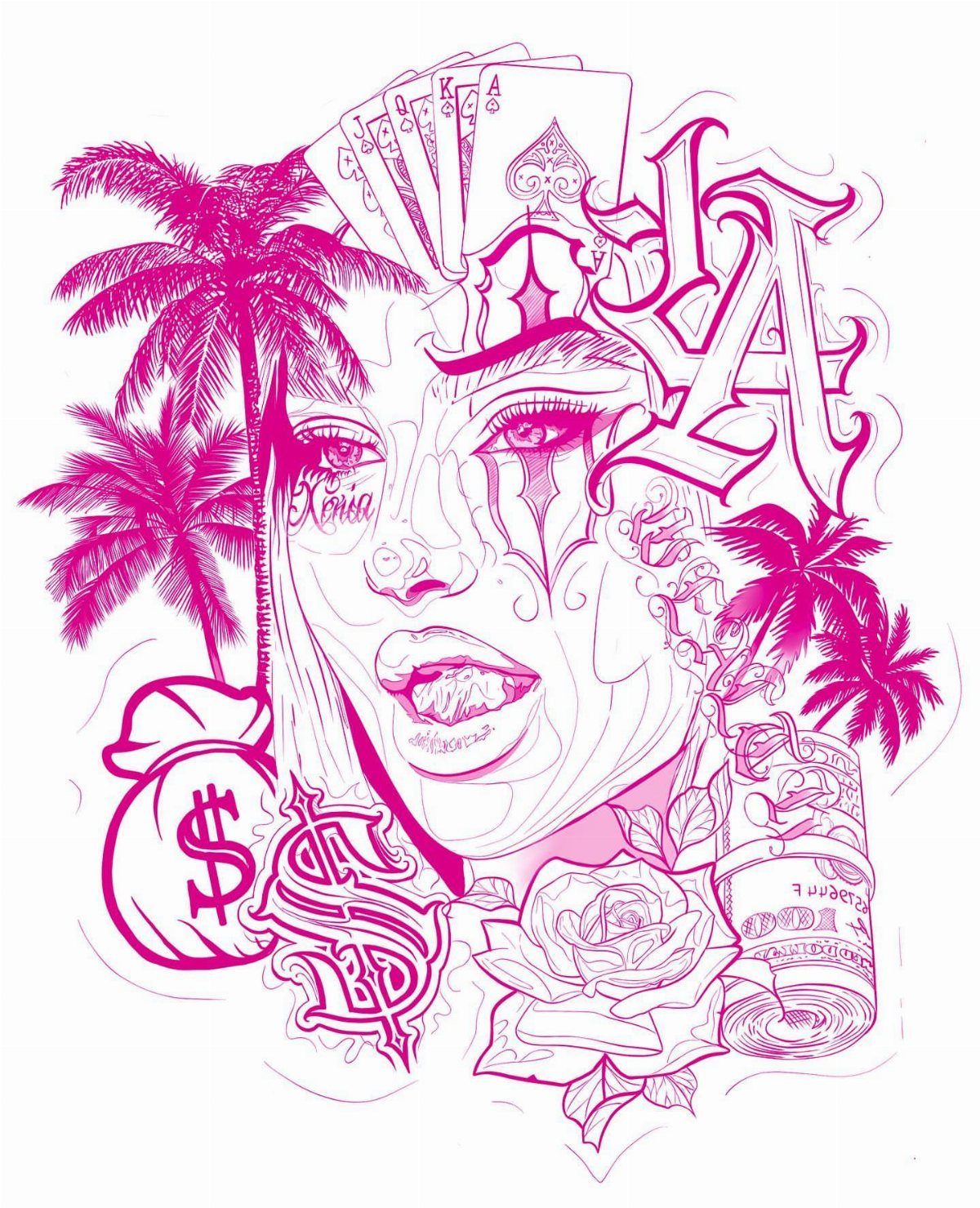 Pink line art stencil of a woman's face with palm trees, playing cards, and money elements.