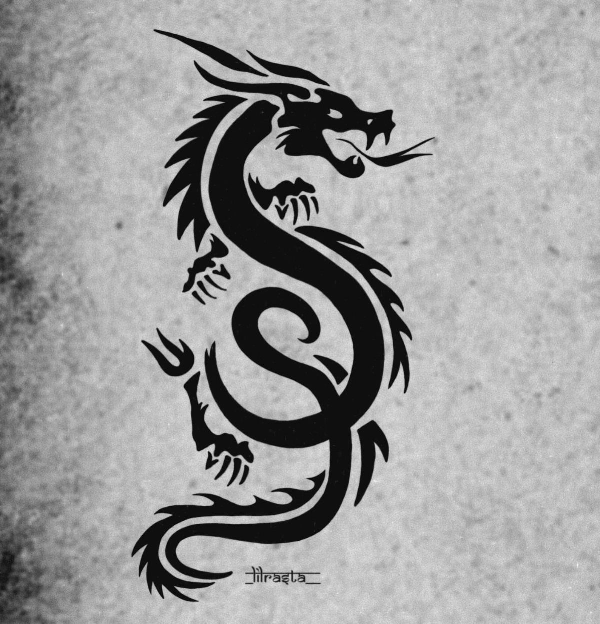 A black silhouette of a stylized serpentine dragon design on a textured grey background.
