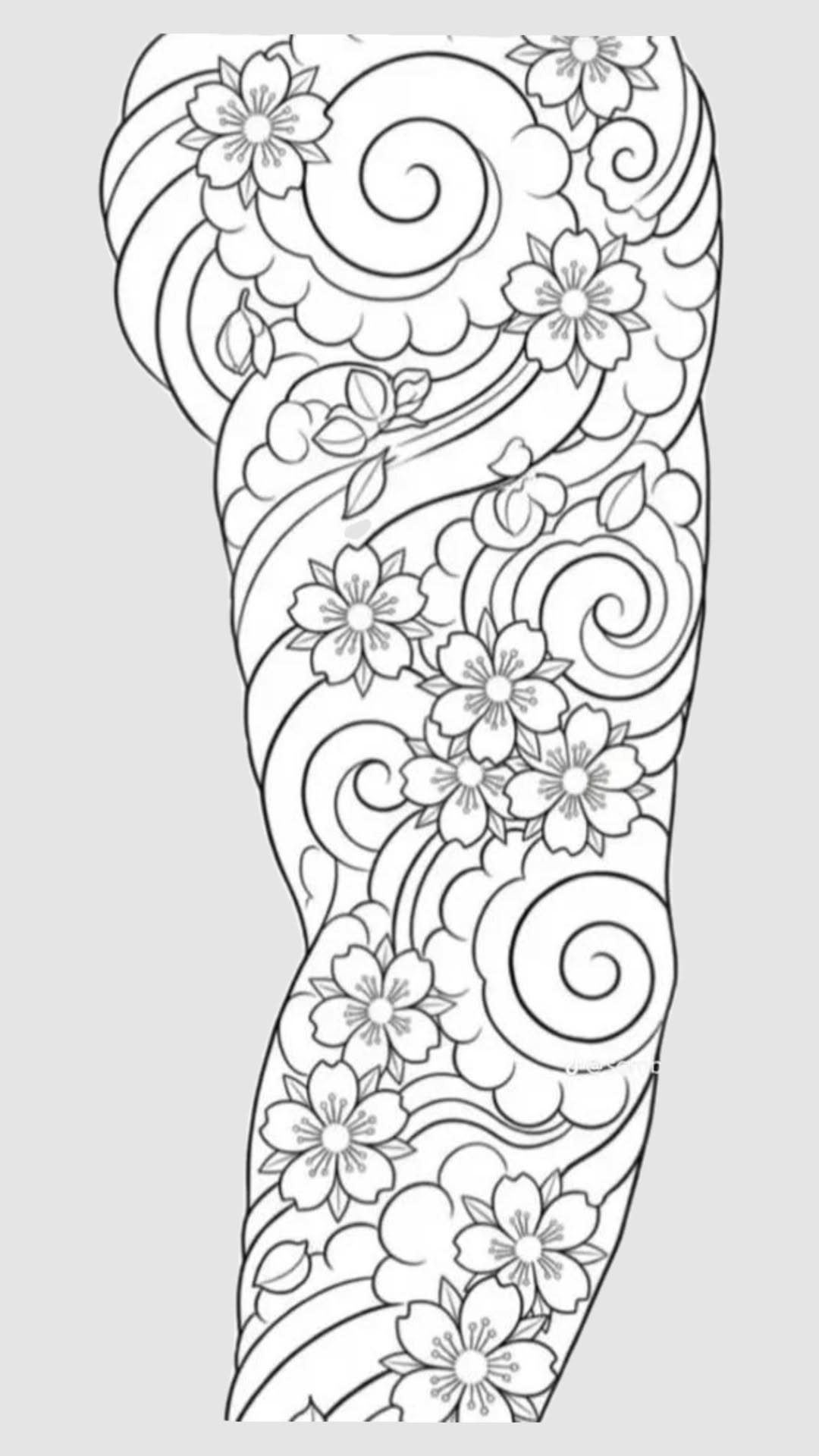 Black and white line art tattoo stencil featuring cherry blossom flowers and swirling cloud patterns.