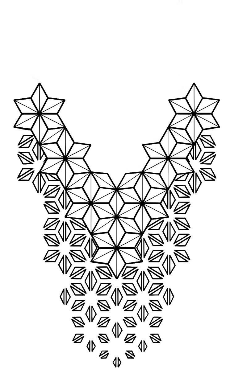 Geometric star and diamond pattern design in black lines on a white background.
