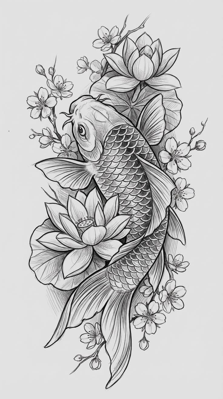 Black and white line art drawing of a koi fish surrounded by lotus flowers and cherry blossoms.