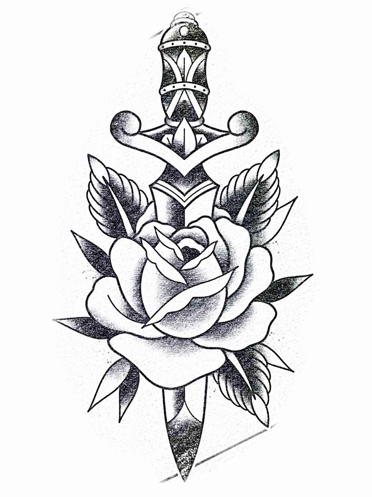 A black and white traditional tattoo stencil of a dagger through a rose.