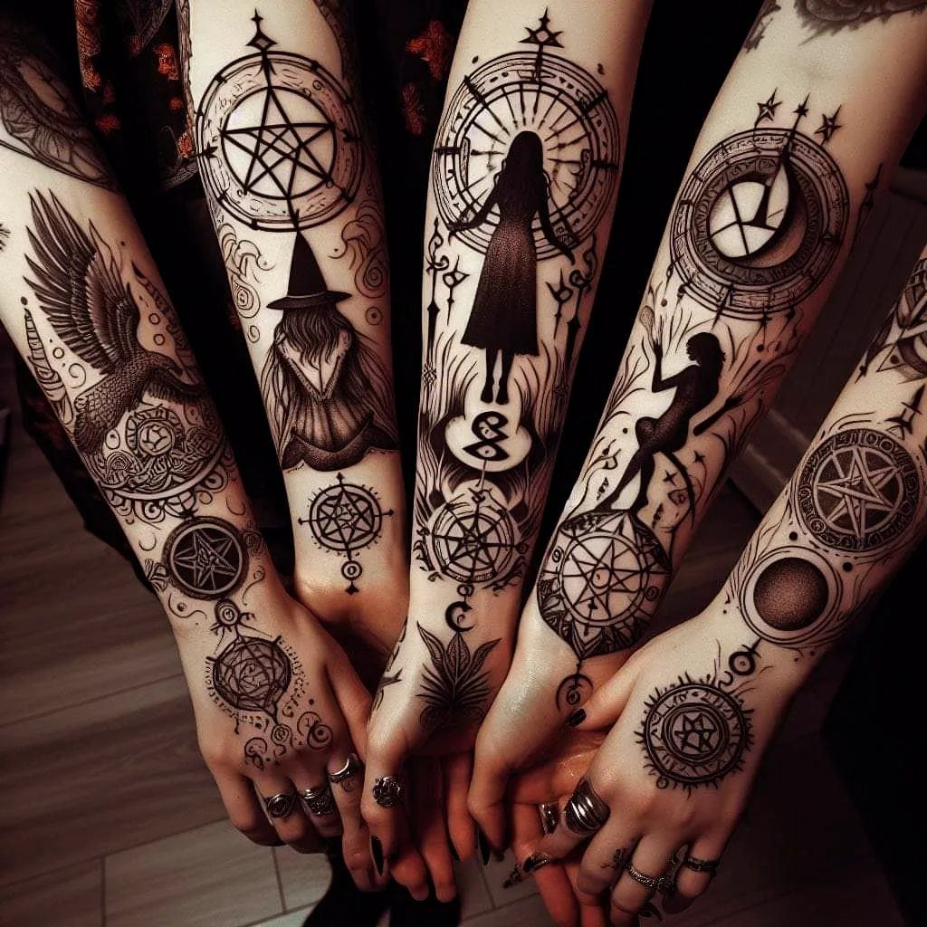 Four arms displaying various black ink mystical and occult themed tattoos.