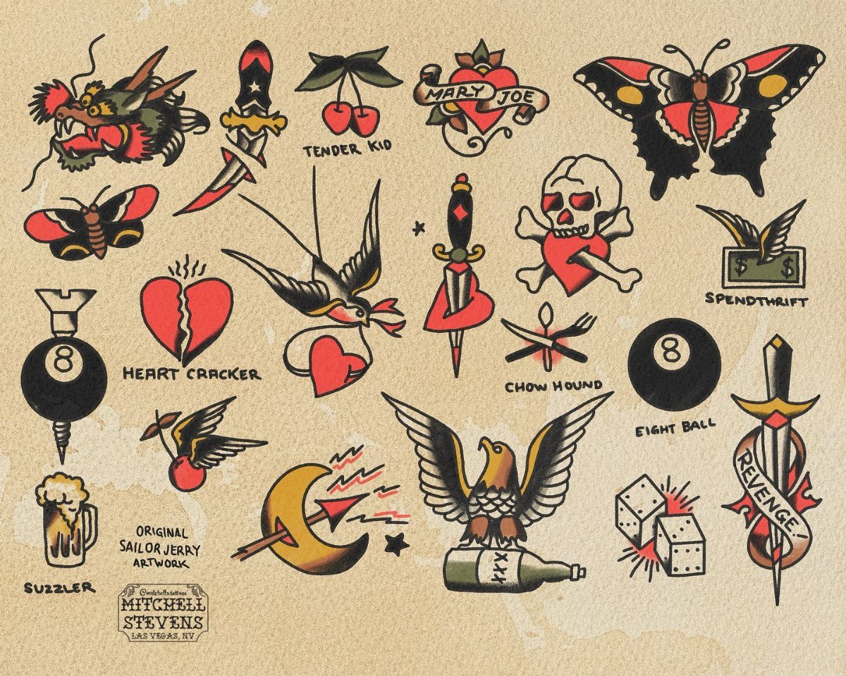 Traditional tattoo flash sheet featuring various colorful designs like dragons, birds, and daggers on tan paper.