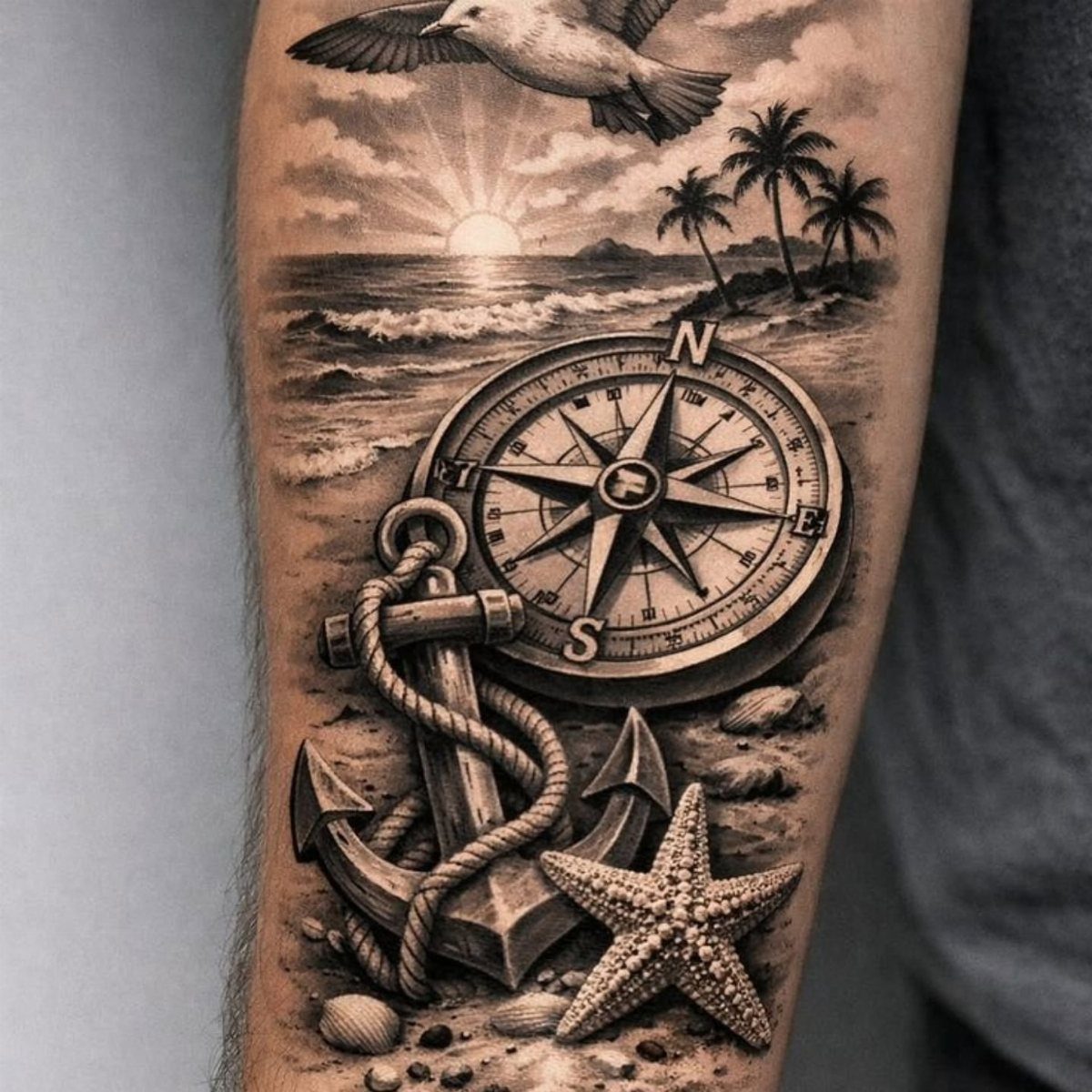 A detailed black and grey tattoo of a compass, anchor, and starfish on a beach.