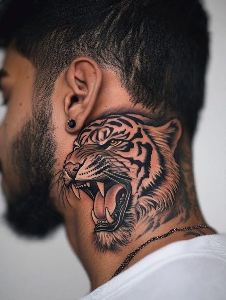 A man's neck featuring a large, detailed black and grey illustrative tiger tattoo.