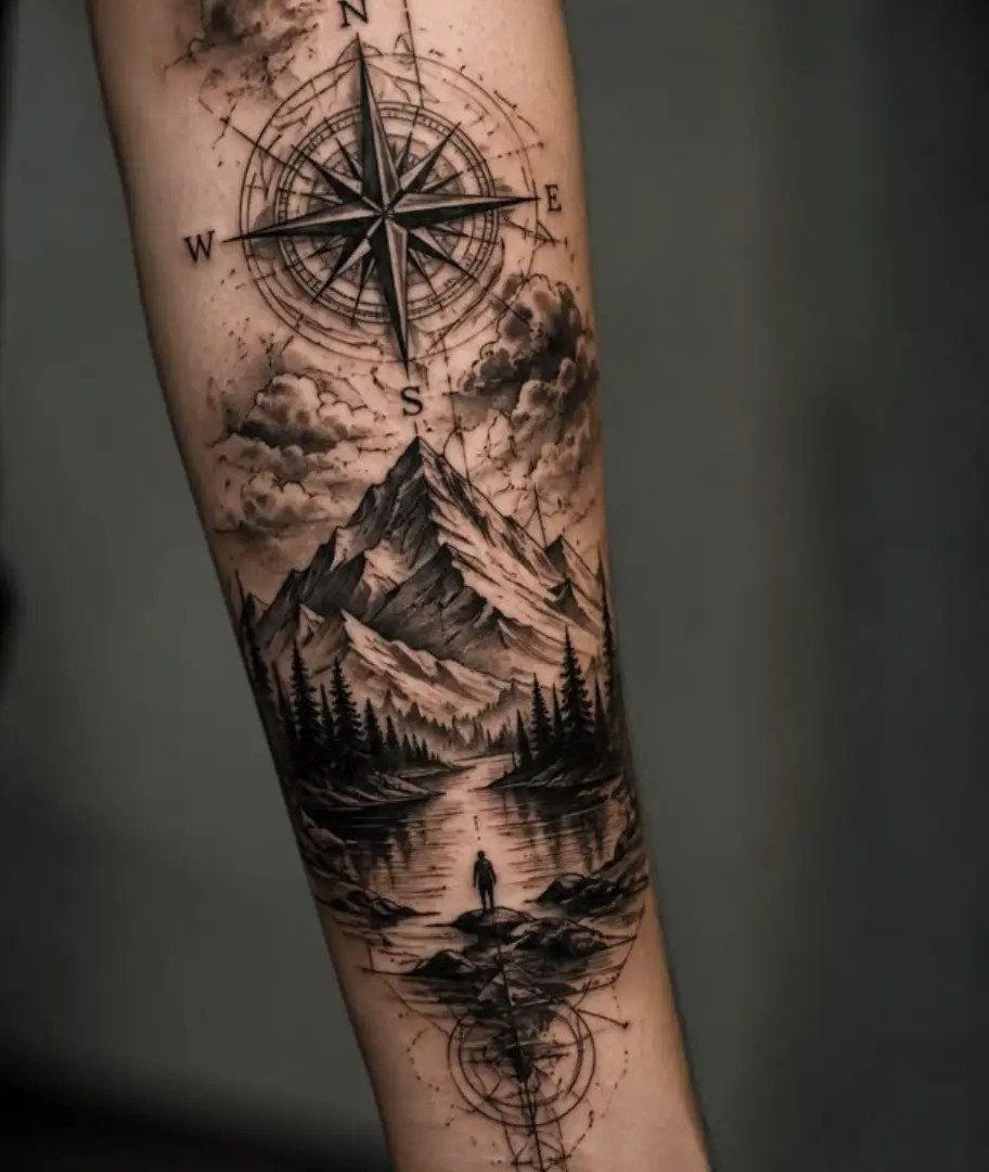 A large black and grey tattoo on an arm featuring a compass and mountain landscape.
