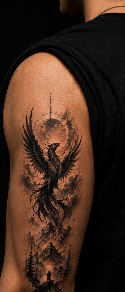 A large black and grey phoenix tattoo soaring above mountains on a man's arm.
